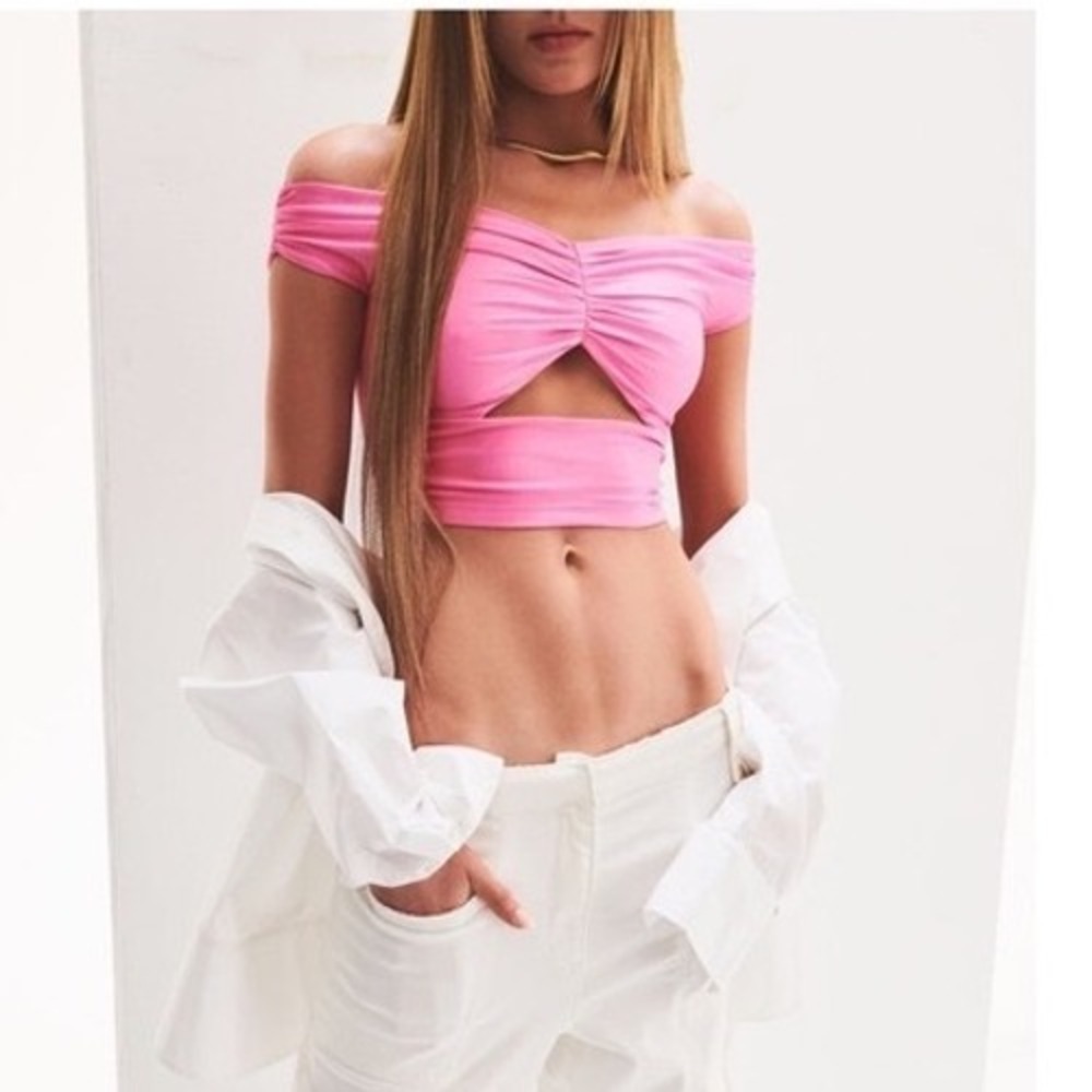 SER.O.YA Pink Off The Shoulder Ruched Cutout Crop Top Womens Size Small